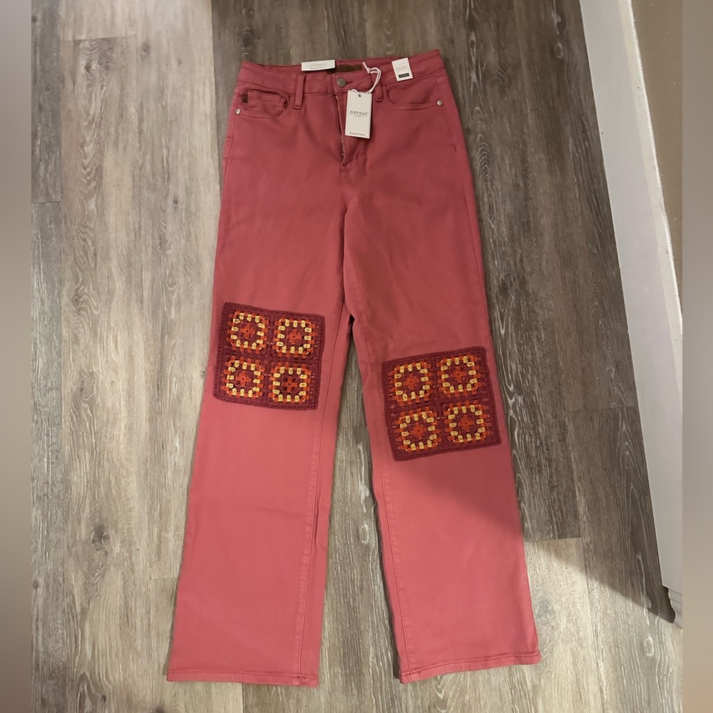 Women's Pink Jeans with Crochet Patchwork